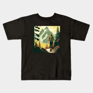 Woman Hiking in Forest Minimal Design, Adventure Mountain Kids T-Shirt